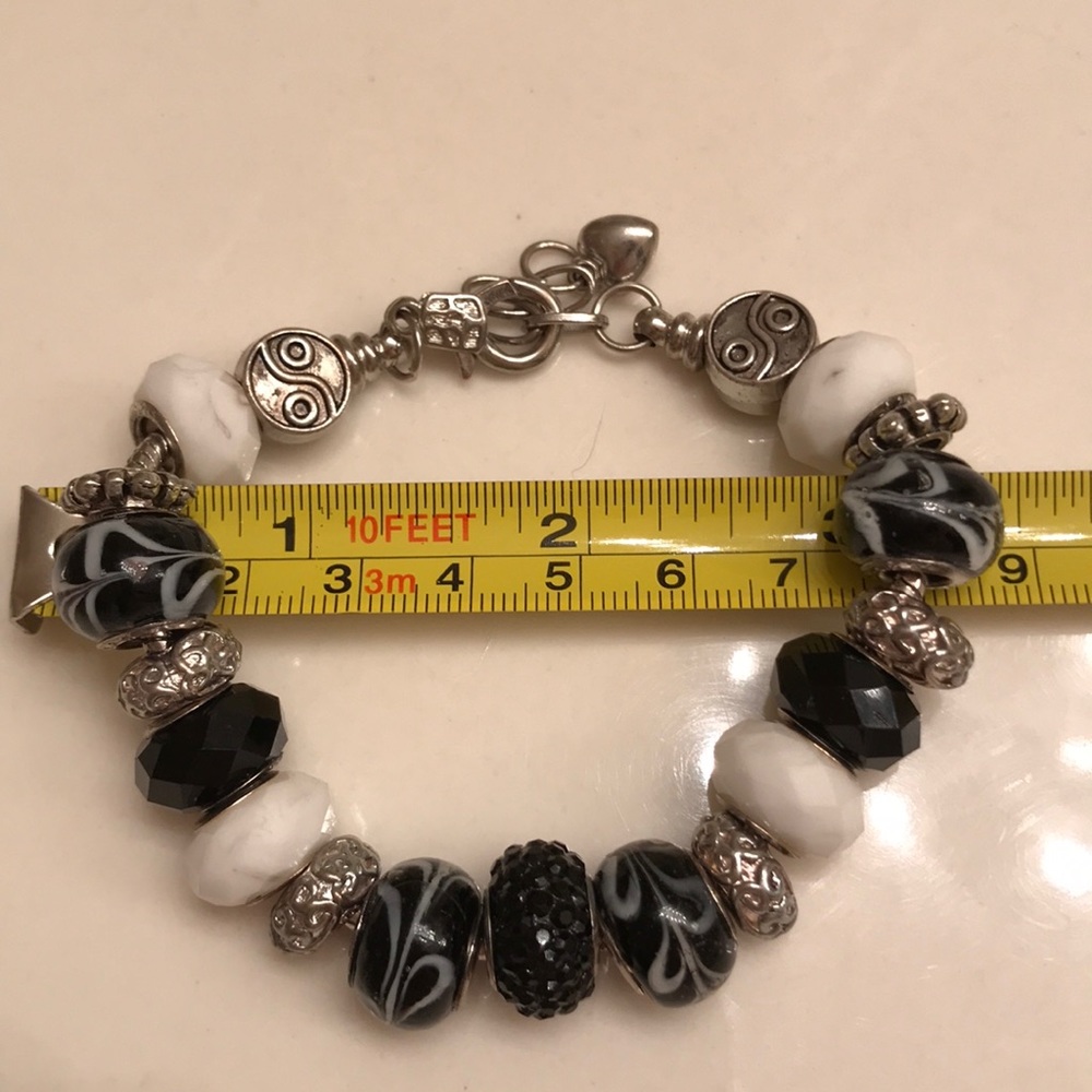 Valentia Hand Blown Murano Glass Beaded Bracelet w/ Earrings Black/White/Silver - Picture 4 of 7